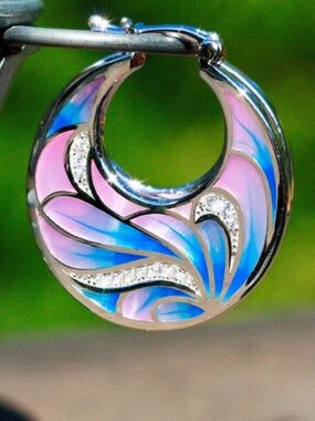 Sterling Silver Plique-À-Jour Enamel Hoop Earrings, Pink Blue Swirl